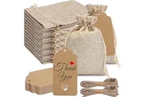 UMILKI 30 Pezzi Sacchetto di Lino con Coulisse (14x10cm) Sacchetti Luta Lino Regalo con 30 Etichette di Carta＆2 Corda da 10M Naturali Borsa per Gioielli Regalo, Regali, Matrimoni, Feste