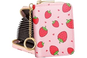 Hautebella Credit Card Holder Women Cute Small Ladies Teen Girls Female RFID Leather Cardholder Wallets with Keychain Accordion Organizer Purse Strawberry Kawaii Girly Aesthetic Print Unique Zipper