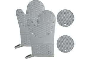 AUAUY Ofenhandschuhe Set, 1 Paar Silikon Ofenhandschuhe mit 2 Topflappen, Anti-Rutsch Kochhandschuhe, Hitzebeständige Topfhandschuhe, Backofen Handschuhe für Küche Kochen Backen Grillen BBQ