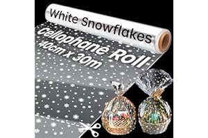 VOLILA Papier Transparent Emballage (Motif de Flocon de Neige) - 40cm x 30m Papier Cadeau Transparent Cellophane pour Emballage Cadeau, Paniers Garnis, Arrangements Floraux, Cadeaux de Noël (1 Rouleau)