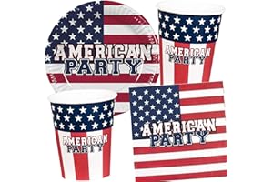 Neu: Ensemble de 46 pièces avec assiette + gobelet + serviettes + décoration pour 10 invités - Amérique - Décoration de fête à thème