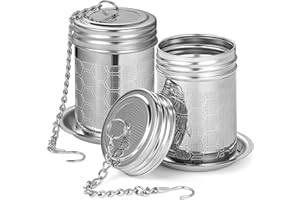 VOTVLOG 2 Pezzi Infusore Tè, Colino per tè Sfuso con Catena Lunga e Vassoio Raccogligocce Rotondo, Filtro per Tisane a Rete Extra Fine in Acciaio Inossidabile per Teiere, Tazze e Bottiglie di Tè