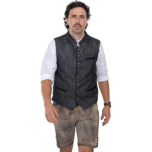 Schöneberger Trachten Couture Klederdrachtvest voor heren, van wol, lodenvest, blauw voor Oktoberfest, wollen vest, lederhose, klederdrachtgilet David, blauw, 50