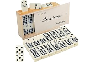 Doublefan Dominoes Set for Adults, Classical Board Games Double 9 Dominos Game Set with Spinner 55 Tiles with Brown Wood Case (2-7 Players) (55 PCS)