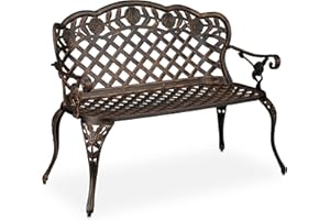 Relaxdays Banco Jardín, Asiento Parque 2 Plazas, con Rosas, Estilo Antiguo, Exterior, 84x111,5X 56 cm, Negro y Bronce, Aluminio