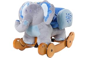 Labebe Baby Schaukelpferd Holz mit Räder, 2-in-1 Schaukeltier Elefant, Schaukelpferd Blau für Baby 1-3 Jahre Alt, Kleinkind Schaukel Baby/Schaukeltier Musik/Schaukeltier Holz/Schaukelpferd Plüsch