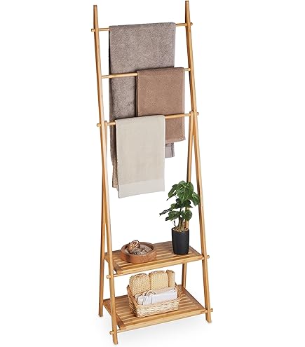 COSTWAY Portasciugamani Da Terra In Legno 3 Livelli - Mensola Inferiore Con Anti-Ribaltamento - Foto 8