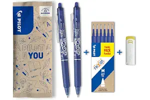 PILOT - 2 FriXion Ball Clicker + 6 Recambios - Bolígrafo Borrable - Azul | Tinta Termosensible - Escritura Fluida, Limpia, Sin Tachaduras - Retráctil y Recargable - Azul - Punta Media (0,7mm)