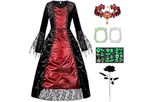 Geplaimir Vampir Kostüm Kinder Königin Halloween Kostüm Mädchen Kleid Verkleidung mit Halsband und Schwarz Gothic Rose Kinder-Vampirgebiss Vampir Halskette Karneval Mottoparty Dracula Cosplay Party