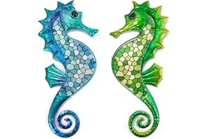 HONGLAND 2 piezas de arte de pared de metal con diseño de caballito de mar, decoración de pared de mosaico de vidrio oceánico, escultura costera, decoración colgante para el hogar, jardín, valla,