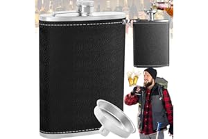 Mikqky Acier Inoxydable Noir Cuir Flasques Avec Entonnoir, Flasque De Poche En Acier Inoxydable, Flasques à Hanche pour Hommes, Flasque à Alcool Légère, Pour Les Voyages, 3,7 x 4,8 Pouces(8 Onces)