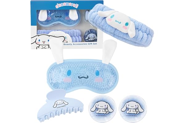 Hello Kitty Sanrio Cinnamoroll Set Accessoires Beauté, Masque Yeux Rafraîchissant, Bandeau Skincare, Pince Cheveux, Patches Gel, Cadeau Femme Ado (Bleu Cinnamoroll)