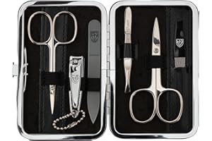 ‎DREI SCHWERTER DREI SCHWERTER - Germany 6-tlg. Maniküreset 'Genova' | Nagelpflegeset in schwarzem Kunstlederetui | Inhalt: Nagelschere, Hautschere, Nagelknipser, Glasnagelfeile, Pinzette, Saphirnagelfeile