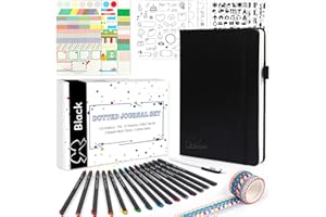 feela Bullet Dotted Journal Kit, A5 Dotted Bullet Grid Journal Set with 224 Pages Black Notebook,Fineliner Pens,Reusable Stencils,Sticker Sheets,Washi Tape,Black Pen for Diary,Schedule Plan,Drawing