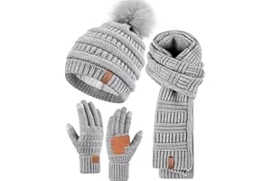 SENPUKI Mütze, Schal & Handschuh-Sets für Damen, Beanie Mütze Damen Winter mit Bommel Fleece Gefütterte, Touchscreen Handschuhe Schal Wärmer Mütze Damen 3-in-1 Geschenk Set für Kaltes Wetter