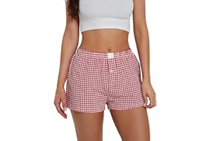 LERRITA Femmes Y2K Short à Carreaux avec Taille élastique Patte de Boutonnage Devant Lounge Shorts en Lin Élastique Shorts décontractés Loisirs Pantalons Courts Boxers Vichy Été Pyjamashorts Streetwear