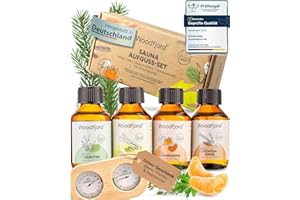 ‎WOODFJORD WOODFJORD Saunaaufguss Set BIO Natur inkl. Saunathermometer und Hygrometer I 4 verschiedene Saunadüfte und -Öle, je 100 ml I Set für authentische Saunaerlebnisse I Das perfekte Saunaduft Probierset