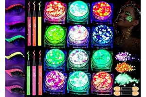 CHARFIA Festival con glitter, 12 colori fluorescenti Chunky Sequin e 6 eyeliner, Face Body Glitter Festival Accessori Gadget, Capelli Glitter per il viso Glitter