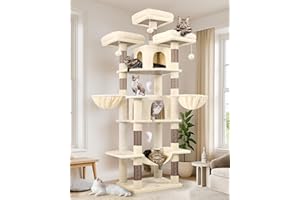 Globlazer Arbre à Chat Grand Beige, Arbres a Chats XXL Hauteur 204 cm avec 3 Perchoirs Rembourrés, 2 Niches, 2 Paniers, Hamac, Tour de Chat Stable pour 3-5 Chats Adulte Repos Jeu Gratter (F80, Beige)