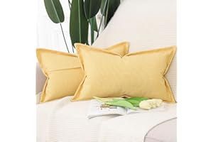 Madizz Juego de 2 Suave Lino Decorativo Funda de cojíns con Borde Ancho Lujo Estilo Fundas de Almohada para el sofá Dormitorio Amarillo Rectangular 30 x 50 cm