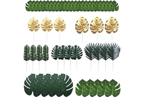 Catime 53 Pezzi 8 Tipi Foglie di Palma Artificiali, Foglie Tropicali Decorazioni, Tropicali Foglie di Piante con Stelo, Foglie di Monstera per Luau, Hawaiano, Giungla, Spiaggia, Decorazione da Tavolo