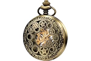 TREEWETO Mechanische Skelett-Taschenuhr für Herren und Damen, Bronze-Ausrüstung, hohles Gehäuse, Steampunk-Taschenuhr mit Kettenbox