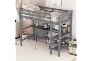 Becag Kinderbett Hochbett 90x200, Holzbett Bettgestell mit Unterbettschreibtisch und 4 Regalen Stauraum, Einzelbett mit Rausfallschutz und Lattenrost, Holzrahmenbett Jugendbett, Ohne Matratze, Grau