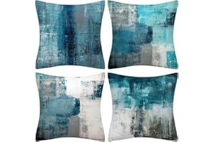 QUALKNOY Set of 4 Cushion Covers 18"x18" Teal Linen Modern Abstract Art Decorative Throw Pillow cases 45 x 45cm for Living Room Outdoor Decor Cushions