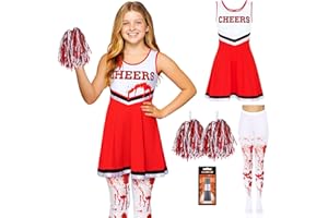 REDSTAR Costume 3 pezzi da cheerleader per bambina – Vestito zombie con calze insanguinate – Travestimento scolastico da non-morta per feste spaventose – Outfit per Halloween con dettagli realistici