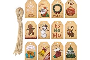 Becellen 48 Pièces Étiquettes Cadeau Noël Étiquettes de Cadeau Kraft Étiquette pour Cadeau and Crafts avec Ficelle