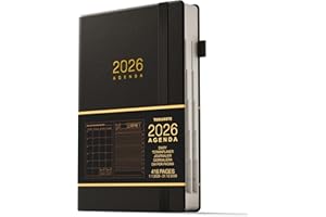 TDOLISSTE - 2026 Agenda Dia Por Pagina, A5 Planner Con Plan Diario de 365 Páginas y Plan Mensual de 24 Páginas, Titular de la Pluma y Bolsillo Interior, Tapa Dura Negro