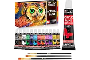 Drawlish Acrylic Paints Set of 12 with 3 Paint Brushes & (12ml) Tubes | Highly-Pigmented Fabric Paint | Ideal for Canvas, Wood, Ceramic, Glass & Rock Painting