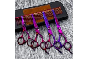 JDMDKB Professionelles 5-teiliges Tierpflegeset: Speziell für Katzen und Hunde, beinhaltet gerade Schere, Ausdünnungsschere, Sicherheitsrundkopfschere, gebogene Schere und Kamm - Farbe Lila