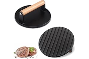 VEHOUKLI Burger Smasher Pesador de carne de hierro fundido 1 kg Prensa para hamburguesas grande redonda con mango de madera resistente al calor Prensa para parrilla Prensa para hamburguesas Filetes Salchichas