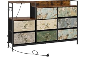 WOLTU Cassettiera a 8 Cassetti in Tessuto, Cassettiera per Camera da Letto, con Sezione di Ricarica e Ganci, Piani Legno e Struttura in Metallo, Marrone Rustico+Nero