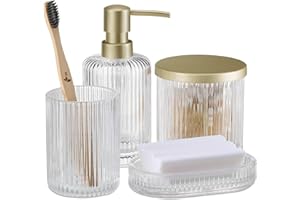 Navaris Zestaw łazienkowy 4-częściowy ze szkła – dekoracyjne akcesoria łazienkowe z kubkiem do mycia zębów, dozownik mydła, szklana puszka - akcesoria łazienkowe - złoty