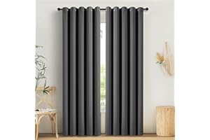 AMEHA Blackout Eyelet Curtains for Living Room Grey Curtains 90x90 Inch, Bedroom Thermal Insulated Ring Top Curtain Pair Panels with Tiebacks