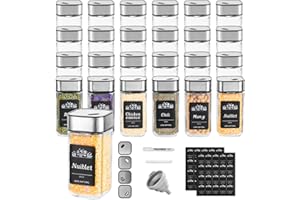 Ynudr 24 Square Spice Jars with Unique Strong Seal Swivel Stainless Steel Lid,120 ML Spice Containers,Glass Spice Jars, Seasoning Jars with Funnels, Label Paper, Erasable Pens