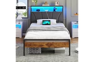 ‎BRINLAWB Brinlawb Bett 90x200 mit Lattenrost aus Metall, Bettgestell 90x200 cm mit LED Beleuchtung, Jugendbett 90x200 mit Kopfteil und Ladestation(2 AC-Steckdosen,2 USB-Anschlüsse) Modern Metallbett einzelbett