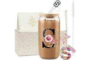 ZIOSINM ZIOISNM A-Z Lettre Verre avec Paille 500 ml Verre Matcha avec Couvercle Cadeau Femme Idéal Cadeau Femme Anniversaire Noël ou Saint-Valentin pour Épouse Mère ou Couple (S)