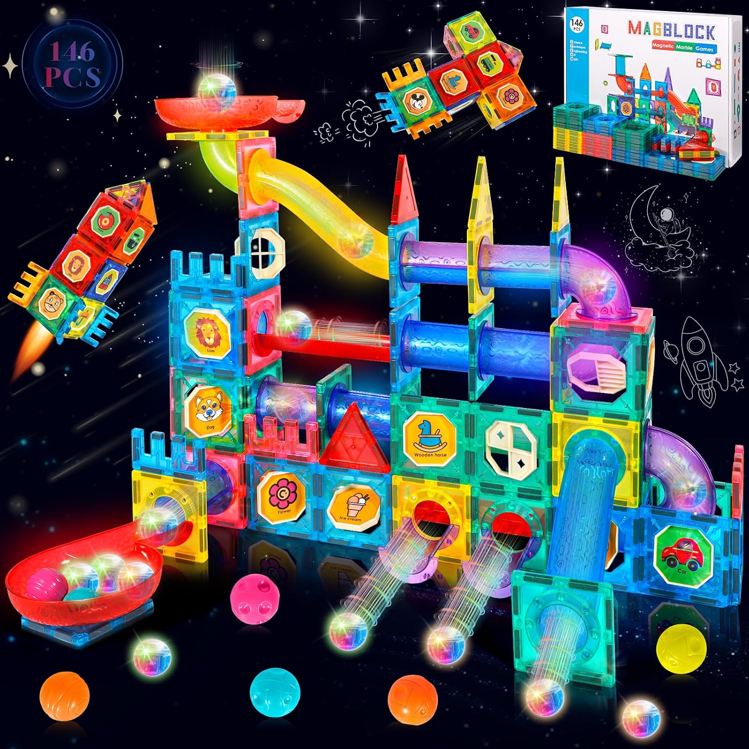 JUQG 146 Pcs Bloques de Construcción Magnéticos, Juego Construcción en 3D con Tuberías, Juguetes de Bloques de Construcción Educativos, Juguetes de Construcción para Niños para Niños Niñas 3+ (146Pcs)
