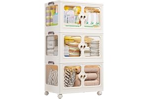 EnHomee Storage Boxes with Lids, 3-Tier 119L 1 Lid Plastic Storage Drawers with Wheels, Storage Drawers, Stackable Storage Boxes, Bathroom Storage, Kitchen Storage & Organisation for Bedroom