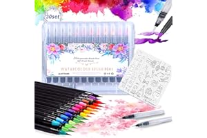 Aottom Rotuladores Acuarelables, 24 Lettering y 2 Pincel de Agua, Punta Pincel y 4 Plantillas de Patrón, para Manga, Bullet Journal, Caligrafía y Dibujos (30 Piezas)