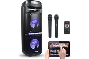 Przenośny system głośników nagłośnieniowych Vocal-Star z efektem świetlnym LED Party, tony niskie i wysokie Bluetooth, wejście USB i Aux dla MP3, 2 x 6-calowy głośnik niskotonowy 200 W i 2 mikrofony bezprzewodowe P180