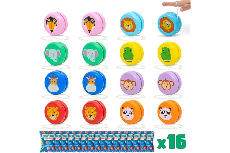 BONNYCO Yo Yo Kids Pack 16, Animal Party Bag Fillers for Kids Unisex. Wooden Yoyo Party Favours, Yoyo Pinata Fillers. Return Gifts for Birthday Pre Filled, Children Classroom Prizes, Mini Toys