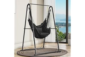 YITAHOME Hammock Chair Stand, Max. load 150 kg, Hammock Stand with Hanging Swing, 85x92x153 cm, Sturdy Steel Frame, Swing Chair with 2 Hooks and 2 Back Cushion for Patio, Balcony and Garden, Black