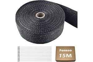 Foneso Car Exhaust Wrap, 15m Exhaust Tape Bandage Titanium Black Fiberglass Heat Insulation Wrap Roll with 12 Stainless Steel Ties, for Motorcycle Car Exhaust pipes, Mainfold (Black 1 Roll 15M)