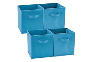 EZOWARE Set of 4 Foldable Fabric Basket Bins with Handle 26.7 x 26.7 x 28 cm, Collapsible Organiser Storage Cube for Nursery and Kids Playroom Toy Organising- Niagra Blue