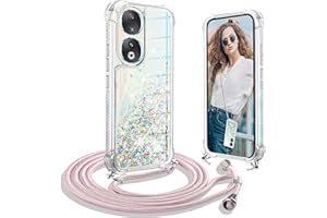 Ptny Coque avec Cordon Compatible avec Honor 90, Housse Paillette Liquide Paillette Filles Antichoc TPU Silicone Case, Réglable Smartphone Collier Etui avec Lanière