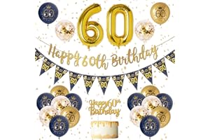 VICTERR 60th Birthday Decorations Men Blue Gold Happy 60th Birthday Banner,60th Birthday Balloons, Navy Blue Gold Latex Balloons Party Decorations Confetti Balloons for Men 60 Birthday Party Supplies